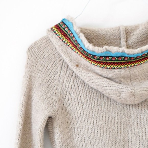 FREE PEOPLE Tan Klara Wool Cable Knit Embroidered Trim Button Cardigan | Size XS - Picture 8 of 11